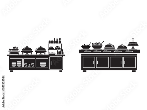 Buffet setup with food and dishes on tables with cabinets and shelves for plates and glasses in a restaurant or hotel  catering service with various meals and kitchen utensils