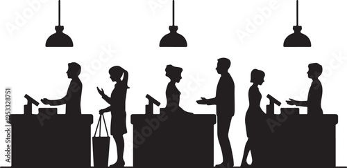 Black silhouettes of people at counters with hanging lamps