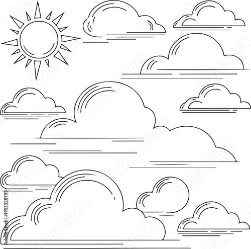 Vector linear clouds. Set of isolated contour images of clouds, wind and storm eddy. Outline vector illustration
