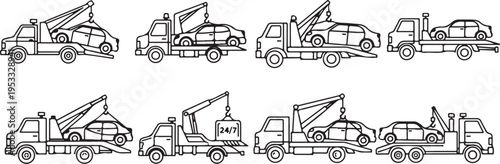 Set of 8 tow truck icons vector isolated on Transparent Background