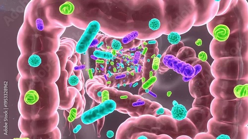 Microscopic view of the human gut microbiome, a complex ecosystem of bacteria and other microorganisms