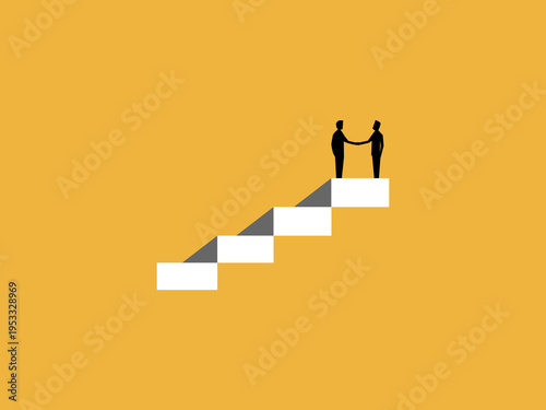 Two business leaders join hands on the highest step of the ladder.