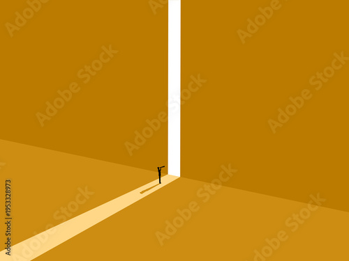 businessman peered through a narrow doorway into the hallway through binoculars.