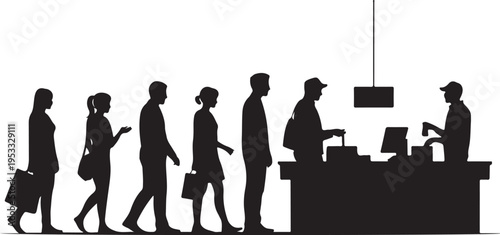 Black silhouettes of people in line at a counter queue