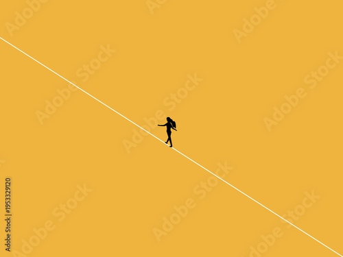 businesswoman balanced herself while walking on a tightrope