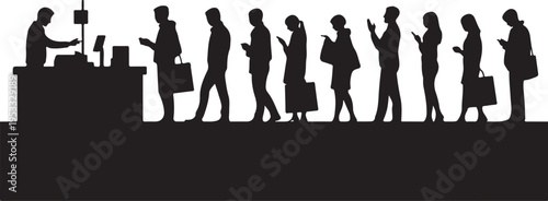 Black silhouettes of people in line at a counter queue