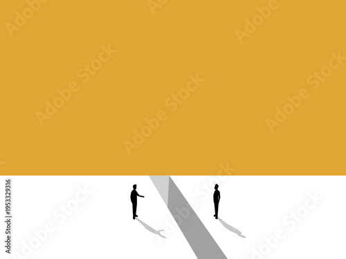 Two businessmen negotiated in the gap between them.