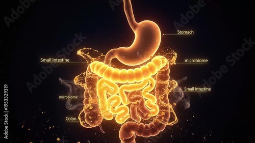 Illustration of the Human Digestive System and Microbiome A Complex Network