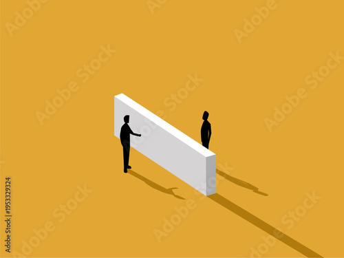 Two businessmen are negotiating with a wall separating them