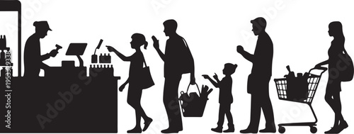 Black silhouettes of people in line at a grocery store checkout