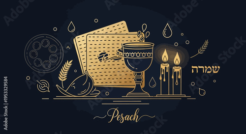 Pesach Passover golden symbols matzah wine cup candles vector