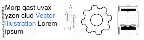 Business strategies, education, technology, automation, productivity, development. Minimalistic gear icon, arrows and smartphone with open book. Technology and automation concept