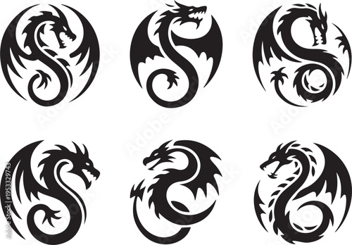 vector illustration, set of round tribal dragon tattoo designs, black and white graphics