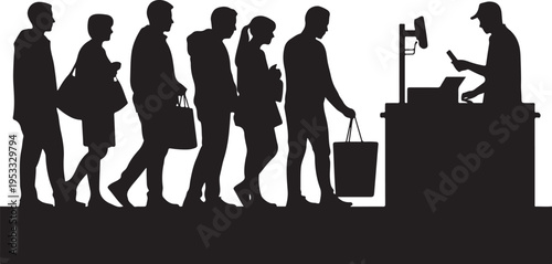 Black silhouettes of people in line at airport customs