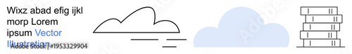 Cloud computing, data storage, server infrastructure, technology solutions, digital resources, database management. Minimalist design with clouds and server stacks. Cloud computing and data storage