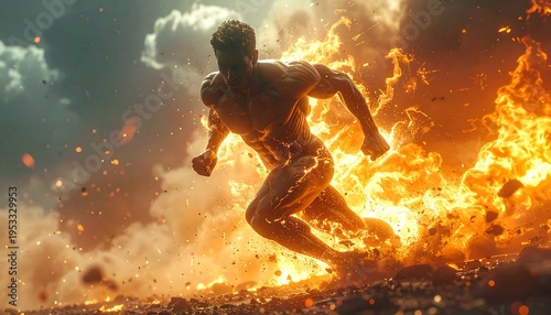 A muscular human figure, engulfed in flames, sprints across a scorched landscape under a turbulent sky. The fiery being is a vibrant spectacle