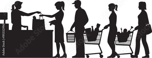 Black silhouettes of people shopping and checking out at store