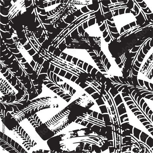 Vector Print Textured Tire Track banner. Design Element . Car tread silhouette . Mud splash grunge texture. Drift show