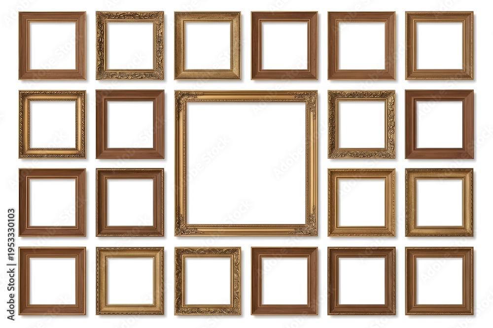Fototapeta premium Collection of Vintage Empty Picture Frames Isolated on White Background Classic Ornate Gold Wooden Frames Set Clean Studio Lighting Mockup Template