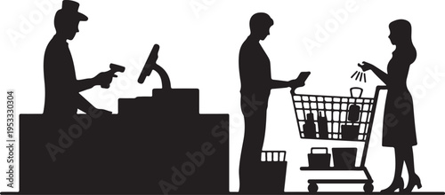 Black silhouettes of people shopping and paying at a checkout