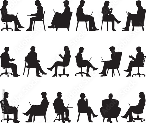 Vector set of detailed people sitting silhouettes isolated on white background