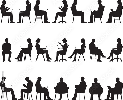 Vector set of detailed people sitting silhouettes isolated on white background