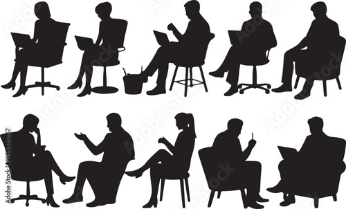 Vector set of detailed people sitting silhouettes isolated on white background
