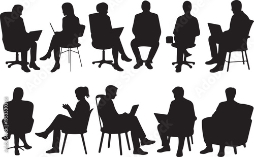 Vector set of detailed people sitting silhouettes isolated on white background