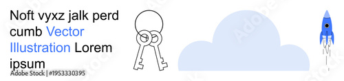 Data security, cloud storage, technology, innovation, online access, encryption. Two keys, a cloud and a rocket symbol. Data security and cloud storage