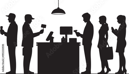 Black silhouettes of people standing in line at a counter