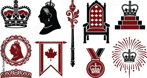 Victoria royalty icon pack with linocut and solid-color vectors, featuring crown, maple leaves, scepter, throne, tiara, medal, banner, and Queen silhouette.