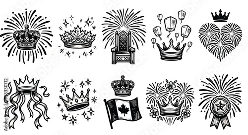 Victoria Day royal crown fireworks icon pack with maple sparkles, throne burst, lantern celebration, medal emblem, festive monarchy symbols.