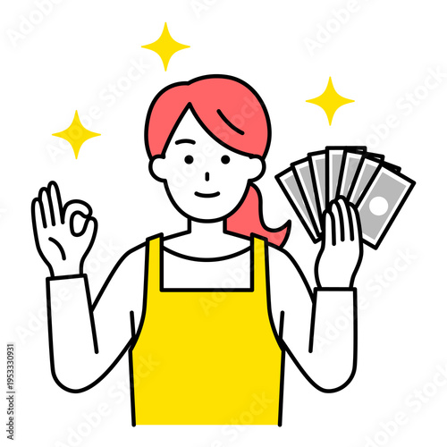 お札を持ってOKサインをするエプロン姿の女性