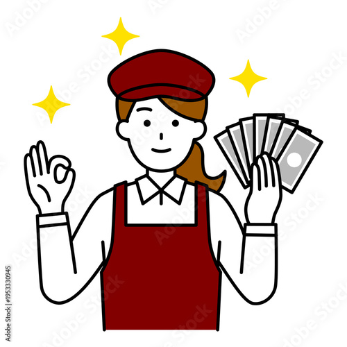 お札を持ってOKサインをするカフェの女性店員