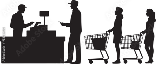 Black silhouettes of shoppers and cashier with shopping carts