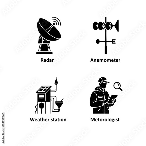 weather monitoring equipment and meteorologist flat design vector illustration