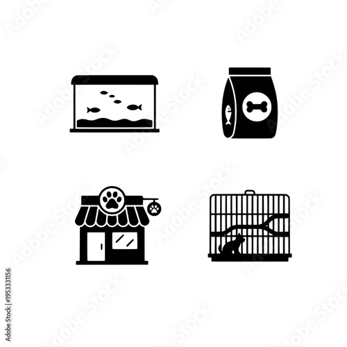 Pet store icons vector illustration with fish tank, food, shop and bird cage flat design