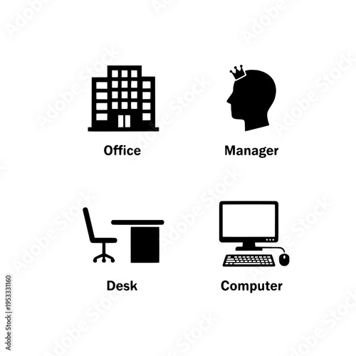 Business office manager vector illustration with office building, desk, computer