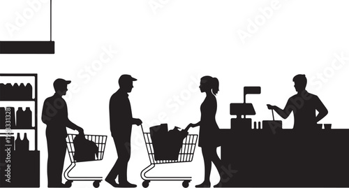 Black silhouettes of shoppers and store clerk in a grocery store