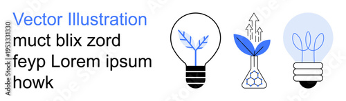 Renewable energy, sustainability, environmental awareness, innovation, eco-friendly solutions, green technology. Light bulbs with plants and growth symbols. Renewable energy and sustainability