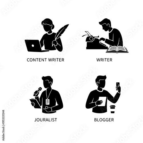 four silhouettes of content writers, vector illustration