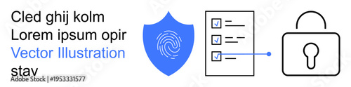 Cybersecurity, data protection, identity verification, online privacy, authentication systems, secure information exchange. Blue shield with fingerprint, checklist and lock icon. Cybersecurity
