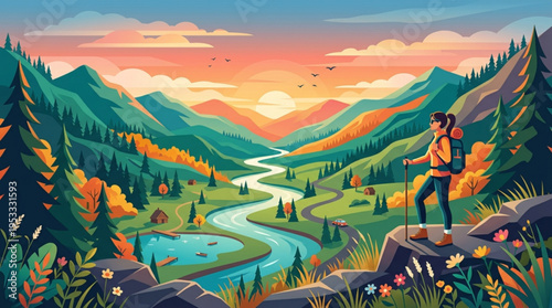 Hiker standing on rocky outcrop overlooking serene valley landscape with winding river at sunset