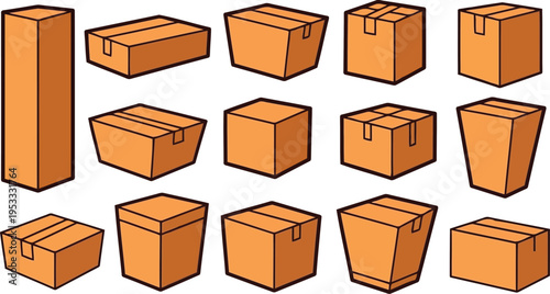 Brown cardboard shipping box vector illustration set for delivery concepts