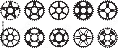 Vector set of ten bike chainring silhouettes (chainwheels, sprockets) isolated on a white background.