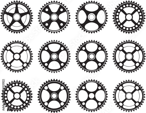 Vector set of ten bike chainring silhouettes (chainwheels, sprockets) isolated on a white background.
