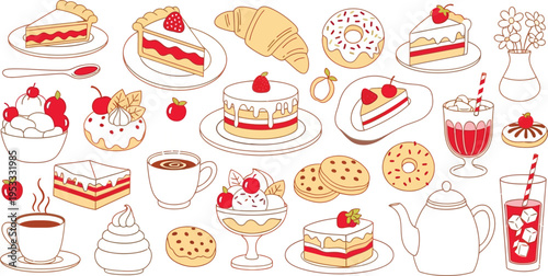 Collection of sweet food icons including strawberry cake croissant sprinkles donut cup of tea cookies teapot and refreshing drinks for menu design