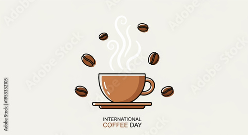Steaming hot coffee cup on saucer with floating coffee beans international coffee day celebration
