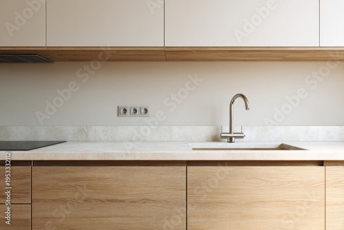 Modern kitchen with wood cabinets and chrome faucet above sink.