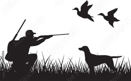 Hunter and dog in grass with flying ducks silhouette